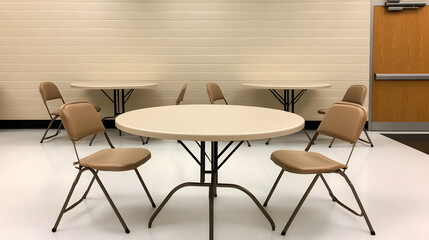 Empty room with beige folding chairs and round tables