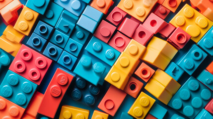 Obraz premium Textures of plastic block toy with colorful bricks. Vector cartoon set of seamless patterns of child game for build from geometric pieces. Kids constructor top view illustration