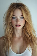 Naklejka premium A portrait of a woman with long blonde hair, fair skin, and blue eyes, enhanced by thick lashes. She wears pink lipstick and a white tank top, with a light background. 