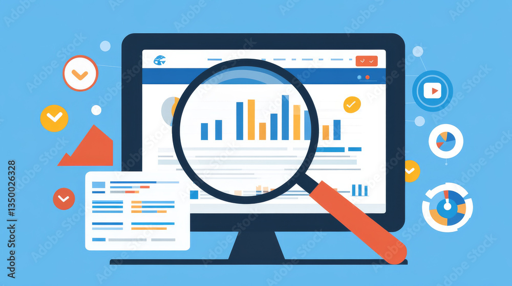 Wall mural seo, search engine optimization algorithm, concept vector isometric illustration. large magnifying g