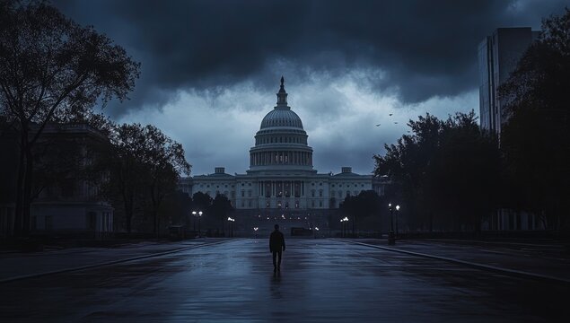 Fototapeta A cinematic shot of the Capitol building in Washington, D.C. A man walks down an empty street towards it at dusk.