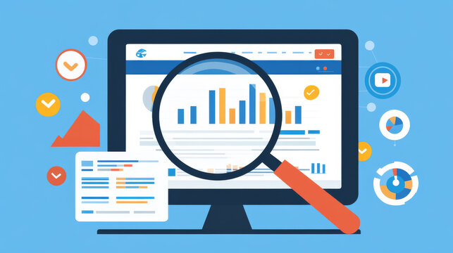 SEO, search engine optimization algorithm, concept vector isometric illustration. Large magnifying glass for monitoring and analyzing data, blue landing website page, interface template