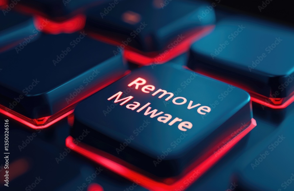 Poster red glowing keyboard key with text remove malware concept of cybersecurity protection