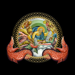 Prophet Moses accepts Law. Religious decorative illustration in Byzantine style on black background