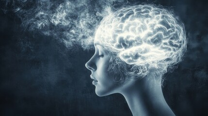 Obraz premium A human head silhouette reveals a glowing brain inside, symbolizing deep thought. 