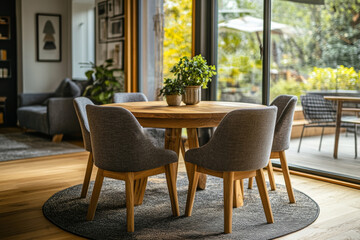 a modern dining room with round wooden table, chairs, and natural light, with plants 