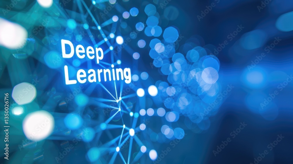 Poster deep learning technology concept with blue bokeh background and network visualization