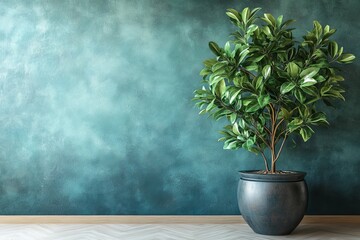 a potted plant in a modern interior, vibrant leaves, a moody teal wall provides the perfect backdrop. The plant brings a sense of freshness and serenity to the scene.