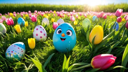 Fototapeta premium A blue bird sitting in the middle of a field of colorful Easter eggs.