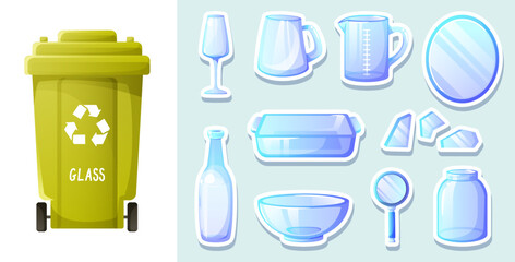 Glass waste, glassware, green waste container, waste separation and recycling concept. Sorting game, stickers for teaching children about environmental protection, eco-friendly lifestyle.