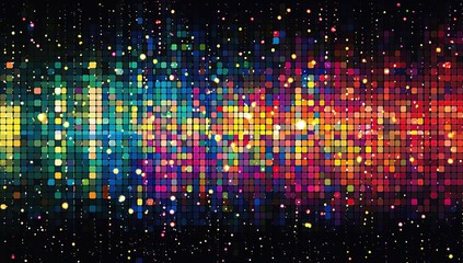 Colorful mosaic pixel art background with glowing lights and sparkling stars. A vibrant, dynamic pattern