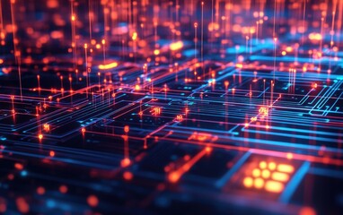 Obraz premium Futuristic digital circuit pattern glows with tech energy