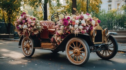 Blooms drape over the timeless car, adding a touch of grace to the wedding celebration.