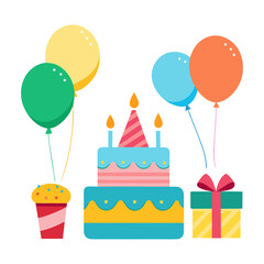Birthday party scene with balloons confetti and a big cake in a cheerful vector style on transparent background