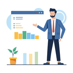 Businessman giving a presentation with charts and graphs in a modern flat vector style on transparent background