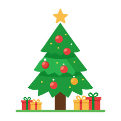 Christmas tree with ornaments and gifts underneath in a simple warm vector style on transparent background