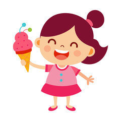 Cute Little Girl Holding Big Ice Cream Cone with Excitement in Vibrant Vector Style on Transparent Background