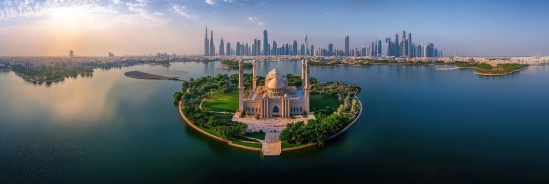 Stunning Aerial View of Sharjah: Al Noor Island, Mosque, and Downtown Above Khalid Lake
