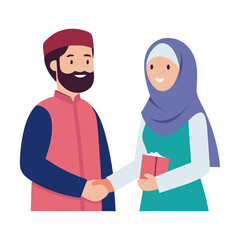 Muslim Man & Woman Exchanging Eid Greetings – Friendly Minimal Flat Design on Transparent Background