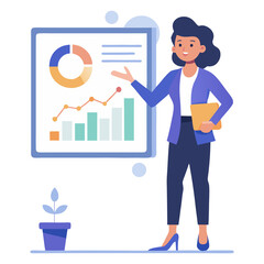 Businesswoman giving a presentation using a large digital screen pointing at data charts with a confident expression in a clean vector style with smooth gradients on transparent background