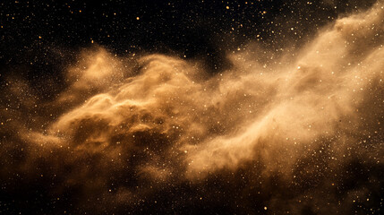 Brown dust clouds with sand and dirt particles isolated on black background. Texture of powder splashes and flows. Abstract smoke and dust splatters, vector realistic set