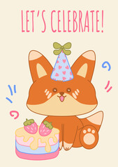 Happy Birthday greeting card with kawaii fox in a party hat and strawberry cake. Adorable vector illustration with festive elements in pastel colors for birthday cards, invitations, celebrate posters