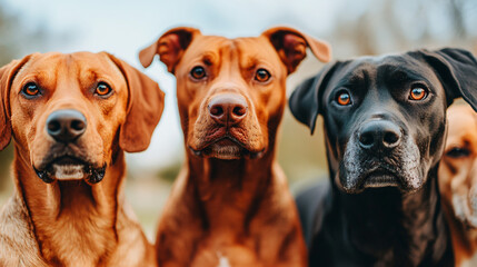 Three charming dogs looking directly at the camera in a bright and sunny park reflecting their joyful personalities and playful spirits.