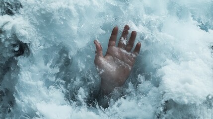 A lone hand breaks through the snow’s surface, a silent cry for rescue amid the avalanche.
