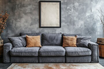 a cozy living room interior featuring a stylish grey sofa, two decorative pillows, a framed picture, and a concrete wall
