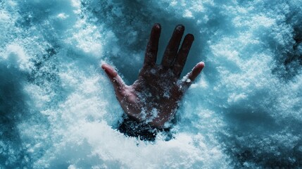 A lone hand breaks through the snow’s surface, a silent cry for rescue amid the avalanche.

