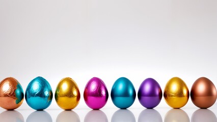Naklejka premium A row of chocolate easter eggs lined up in a row on a reflective surface.