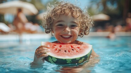 A child enjoying watermelon by the pool, relaxed and playing in the water. A joyful summer moment with kids, soaking in the vacation vibes 