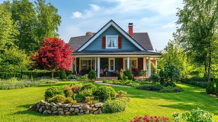A beautiful home sits in the middle of landscaped gardens