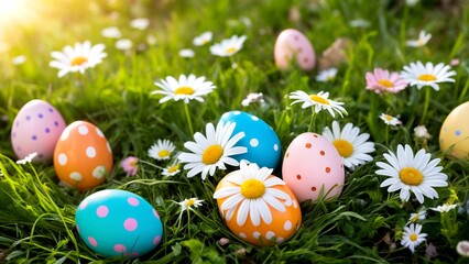 A group of painted easter eggs in a field of grass with daisies.