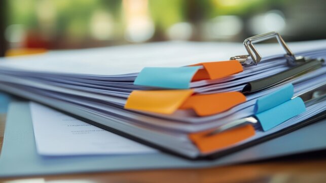 Organized Documents, Stack of Files with Color-Coded Sticky Notes