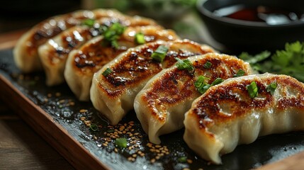 Pan-fried dumplings with soy sauce, gyoza-style. Healthy Asian cuisine 