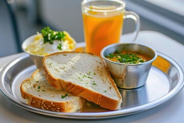 A tasty breakfast serving featuring toast, creamy yogurt, and a warm dish, accompanied by a refreshing drink.