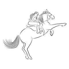 Silhouette of a woman in a stylish horse. The girl is slender and beautiful rider. Lady for aesthetic decor, posters, stickers, logo. Vector illustration.