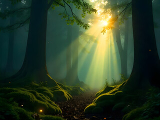 Mystical Foggy Forest with Sunlight Beams (Fantasy & Nature)01