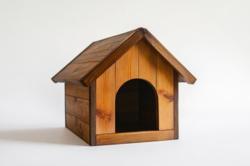 A small wooden doghouse stands against a simple plain white background