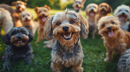 Happy group of dogs sitting together in a sunlit park creating a heartwarming scene of friendship and canine companionship.