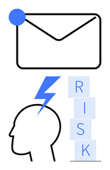 Envelope with notification dot, human head with lightning bolt indicating stress, stacked RISK blocks. Ideal for communication risks, mental health, stress, digital hazards, inbox overload