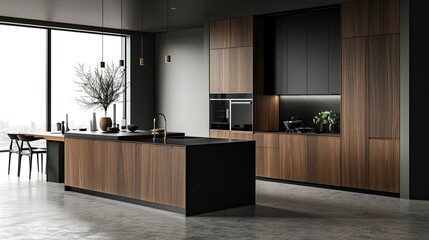A bright and Modern kitchen interior with modern furniture design 