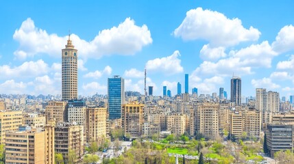 Naklejka premium Cityscape of modern and historic buildings under a vibrant blue sky