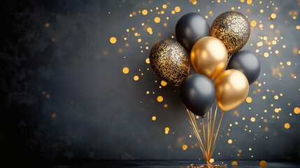 Celebration Decorations With Black and Gold Balloons for Festive Occasions in a Stylish Setting