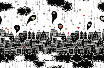 Love in the city. Seamless pattern with clouds and houses