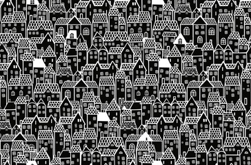 Black and white seamless pattern with cute houses.