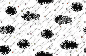 Black and white seamless pattern with clouds and rain of hearts