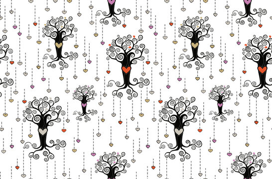 Trees and hearts on a white background. Seamless pattern
