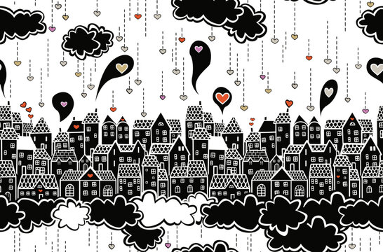 Love in the city. Seamless pattern with clouds and houses